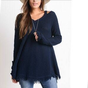 🔥Free People Moonshine blue waffle knit cold shoulder sweater. NWT